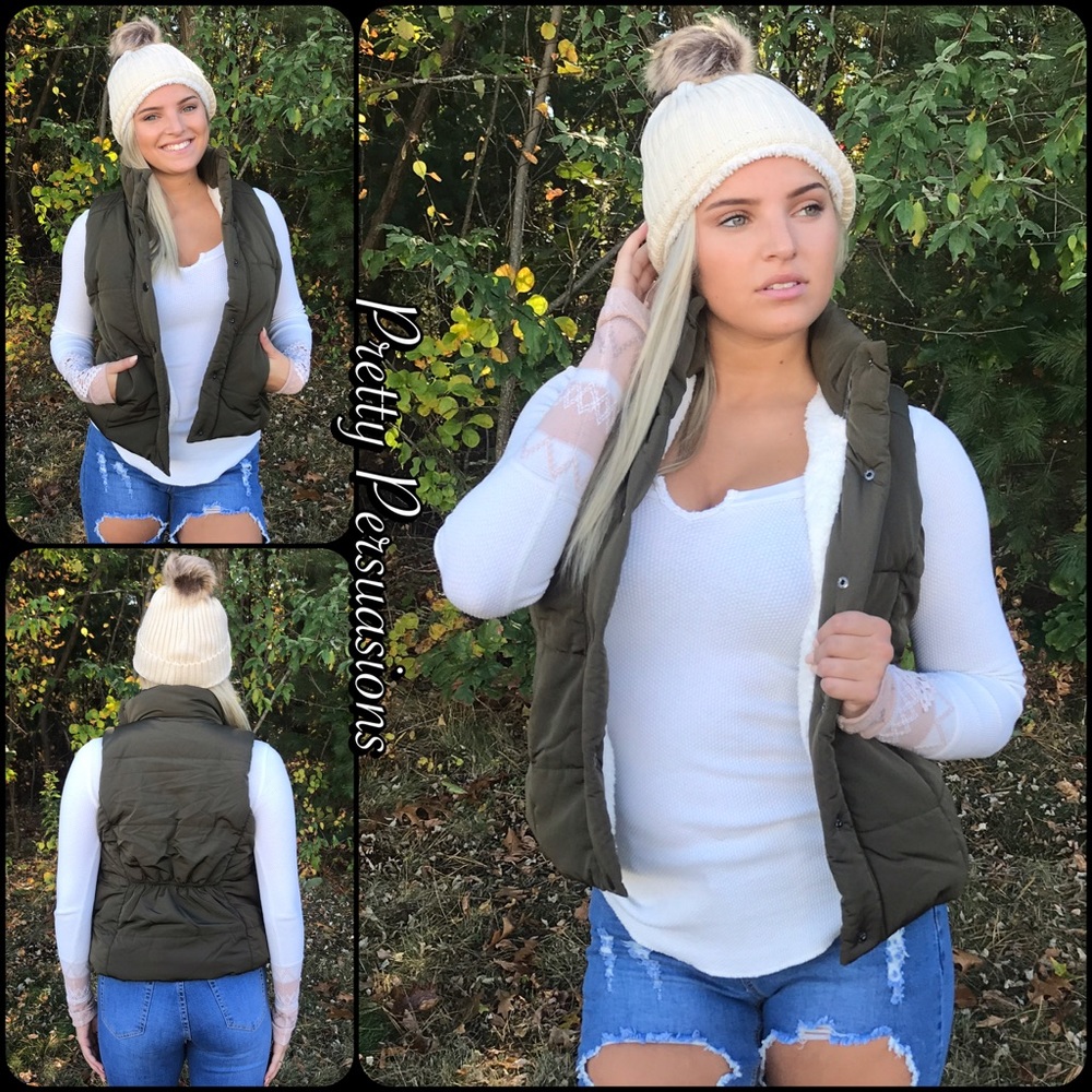 ❤️ Olive Shearling Lined Sleeveless Vest - Picture 3 of 7